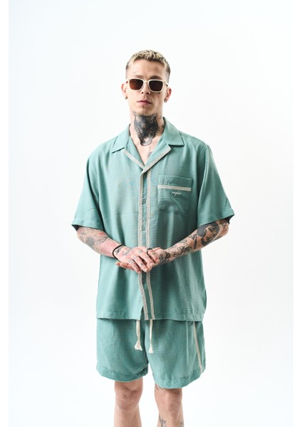 Erkek Nakışlı Oversize Keten Gömlek Şort Takım Mint