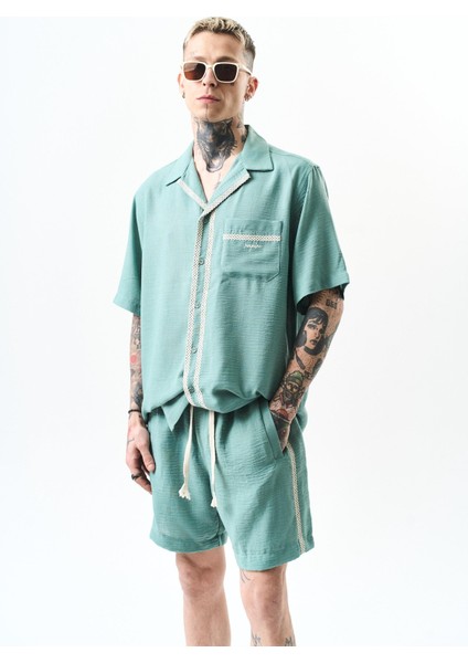 Erkek Nakışlı Oversize Keten Gömlek Şort Takım Mint