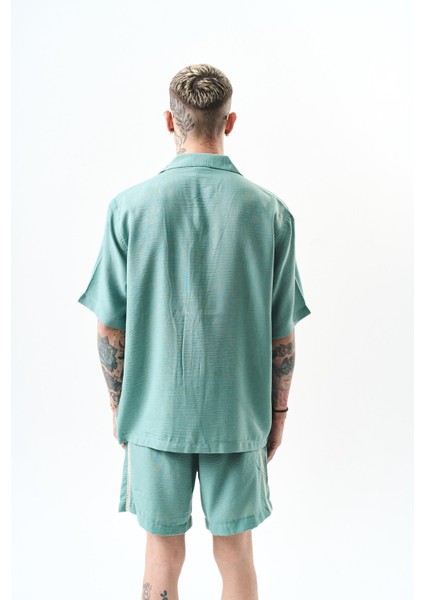 Erkek Nakışlı Oversize Keten Gömlek Şort Takım Mint