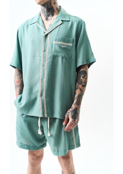 Erkek Nakışlı Oversize Keten Gömlek Şort Takım Mint