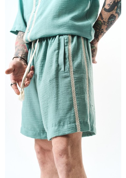 Erkek Nakışlı Oversize Keten Gömlek Şort Takım Mint