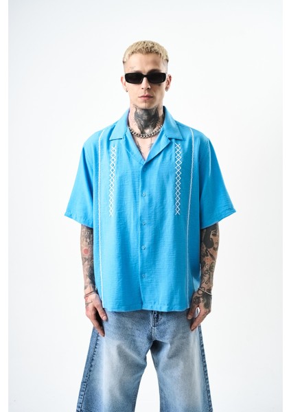 Erkek Zigzag Nakışlı Oversize Keten Gömlek Mavi