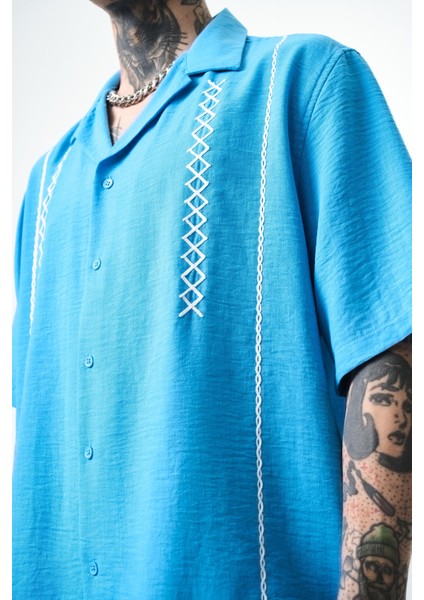 Erkek Zigzag Nakışlı Oversize Keten Gömlek Mavi