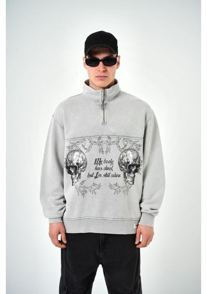 Erkek Yarım Fermuarlı Yıkamalı Oversize Sweatshirt Gri