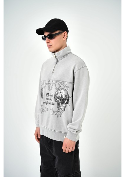 Erkek Yarım Fermuarlı Yıkamalı Oversize Sweatshirt Gri