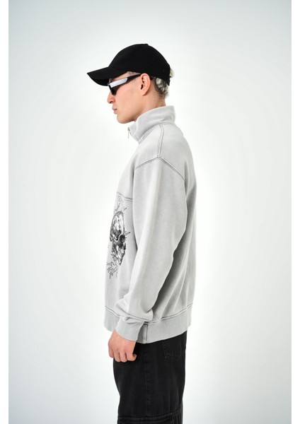 Erkek Yarım Fermuarlı Yıkamalı Oversize Sweatshirt Gri