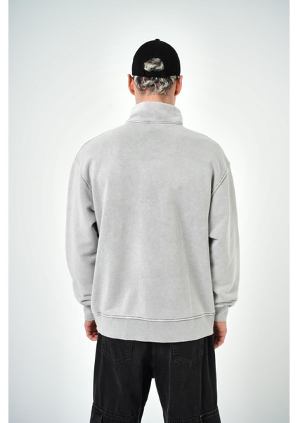 Erkek Yarım Fermuarlı Yıkamalı Oversize Sweatshirt Gri