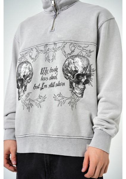 Erkek Yarım Fermuarlı Yıkamalı Oversize Sweatshirt Gri