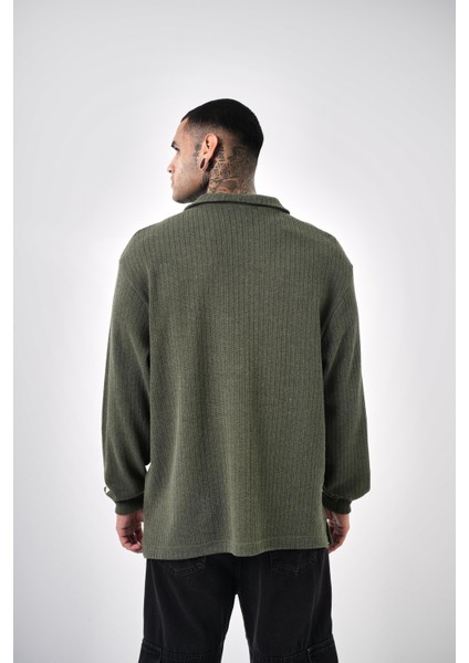 Erkek Yarım Fermuarlı Oversize Triko Haki