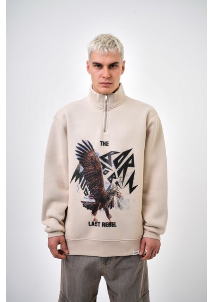 Erkek The Last Rebel Baskılı Yarım Fermuarlı Oversize Sweatshirt Ekru