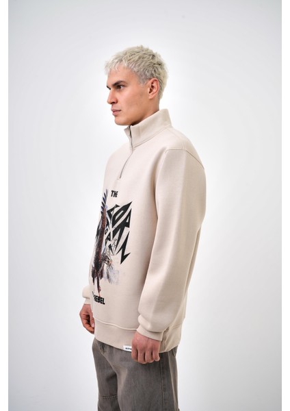 Erkek The Last Rebel Baskılı Yarım Fermuarlı Oversize Sweatshirt Ekru