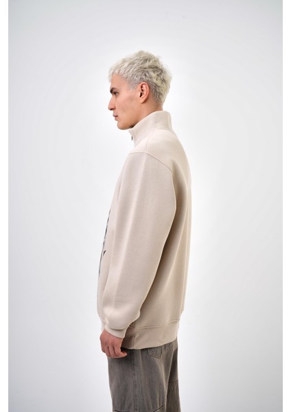Erkek The Last Rebel Baskılı Yarım Fermuarlı Oversize Sweatshirt Ekru