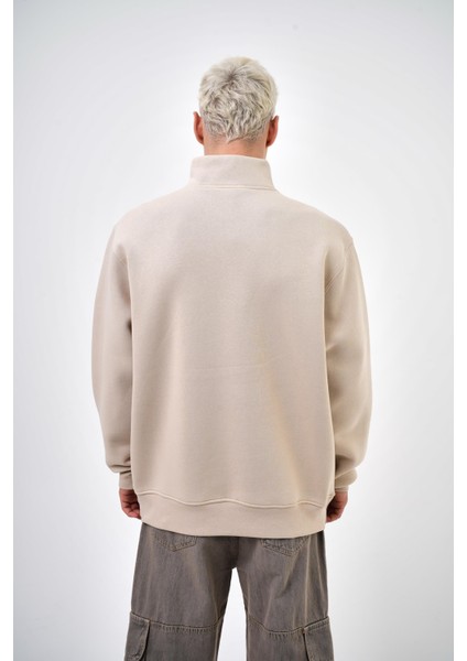 Erkek The Last Rebel Baskılı Yarım Fermuarlı Oversize Sweatshirt Ekru