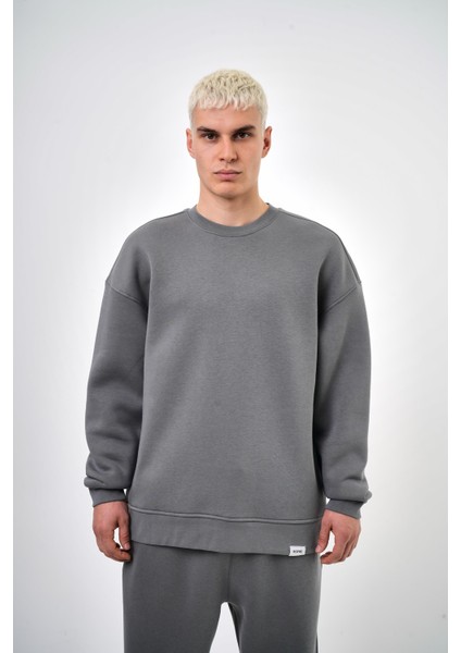 Erkek Bisiklet Yaka Basic Oversize Sweatshirt Smoked