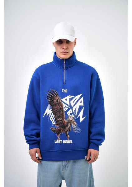 Erkek The Last Rebel Baskılı Yarım Fermuarlı Oversize Sweatshirt Ekru