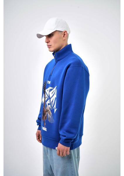 Erkek The Last Rebel Baskılı Yarım Fermuarlı Oversize Sweatshirt Ekru