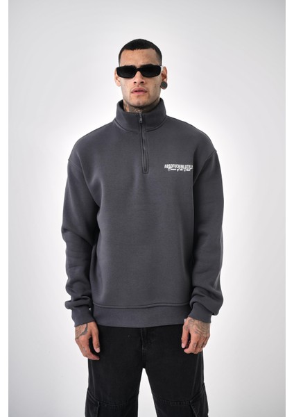 Erkek Yarım Fermuarlı Absofuckinlutely Baskılı Sweatshirt Mavi
