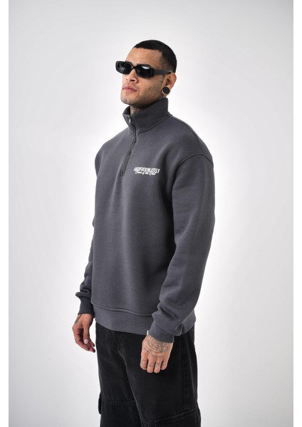 Erkek Yarım Fermuarlı Absofuckinlutely Baskılı Sweatshirt Mavi