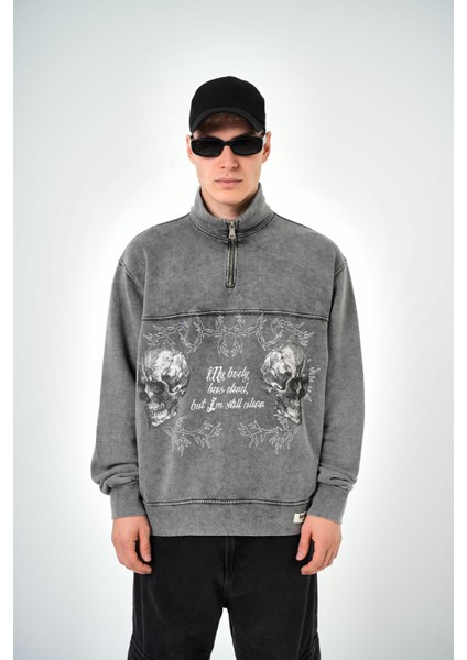 Erkek Yarım Fermuarlı Yıkamalı Oversize Sweatshirt Gri