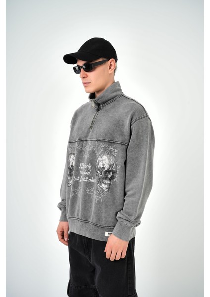 Erkek Yarım Fermuarlı Yıkamalı Oversize Sweatshirt Gri