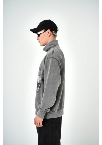 Erkek Yarım Fermuarlı Yıkamalı Oversize Sweatshirt Gri