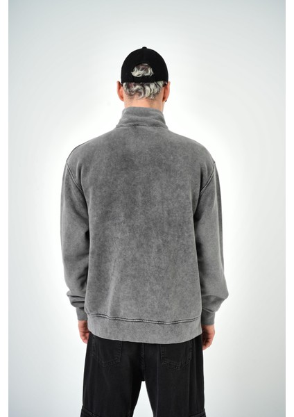 Erkek Yarım Fermuarlı Yıkamalı Oversize Sweatshirt Gri