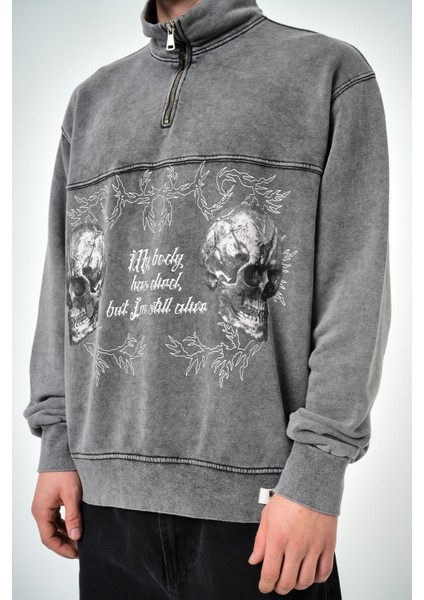 Erkek Yarım Fermuarlı Yıkamalı Oversize Sweatshirt Gri
