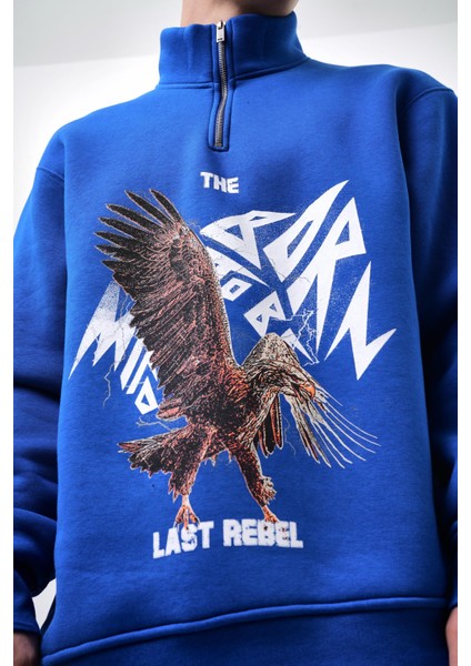 Erkek The Last Rebel Baskılı Yarım Fermuarlı Oversize Sweatshirt Ekru