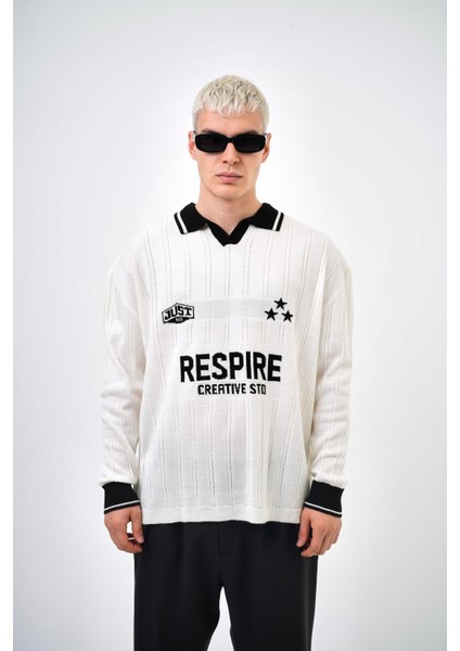 Creative Std Yazılı Polo Yaka Oversize Triko Ekru