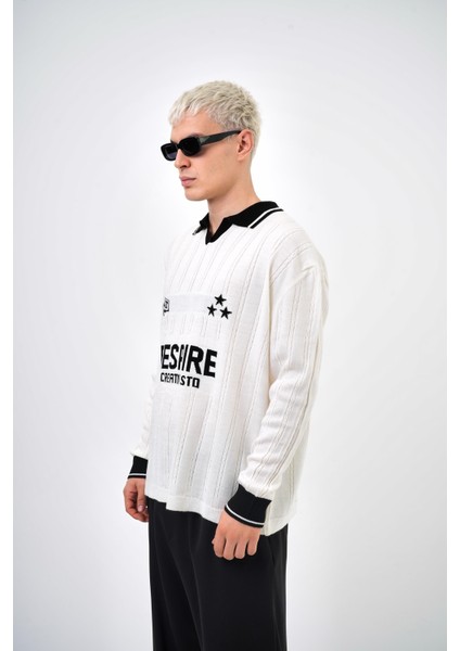 Creative Std Yazılı Polo Yaka Oversize Triko Ekru
