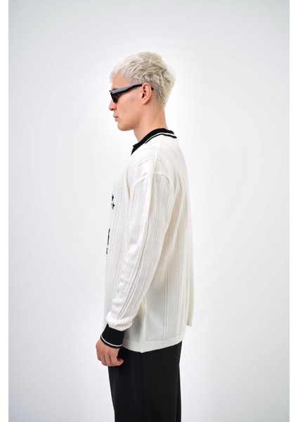Creative Std Yazılı Polo Yaka Oversize Triko Ekru