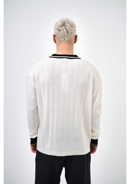 Creative Std Yazılı Polo Yaka Oversize Triko Ekru
