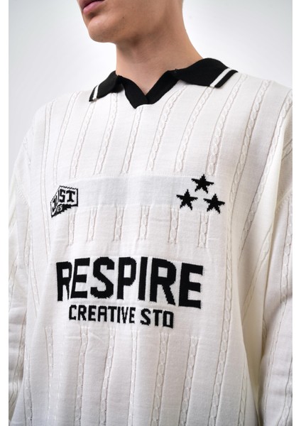 Creative Std Yazılı Polo Yaka Oversize Triko Ekru