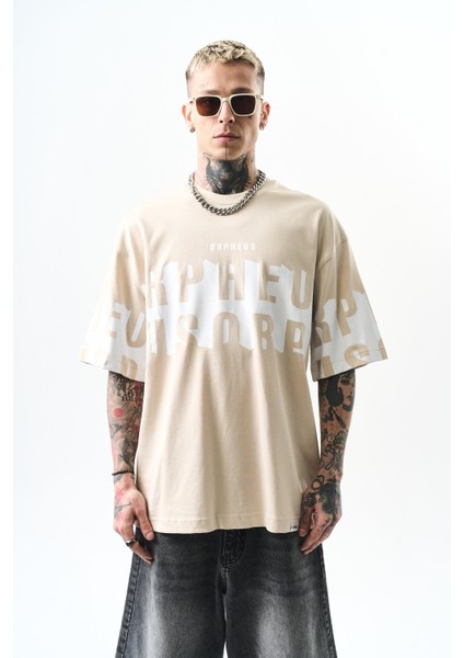 Erkek Orpheus Baskılı Oversize T-Shirt Bej