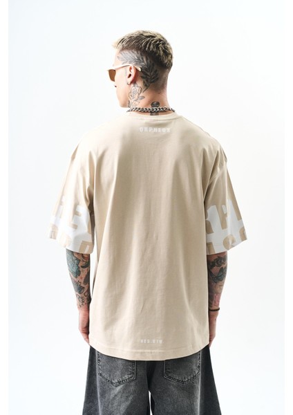 Erkek Orpheus Baskılı Oversize T-Shirt Bej modelleri