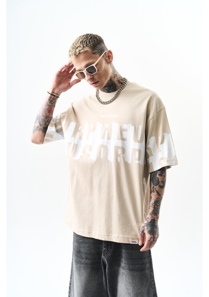 Erkek Orpheus Baskılı Oversize T-Shirt Bej fırsatları