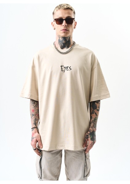 Erkek Eyes Baskılı Oversize T-Shirt Bej