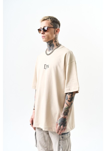 Erkek Eyes Baskılı Oversize T-Shirt Bej fiyatları
