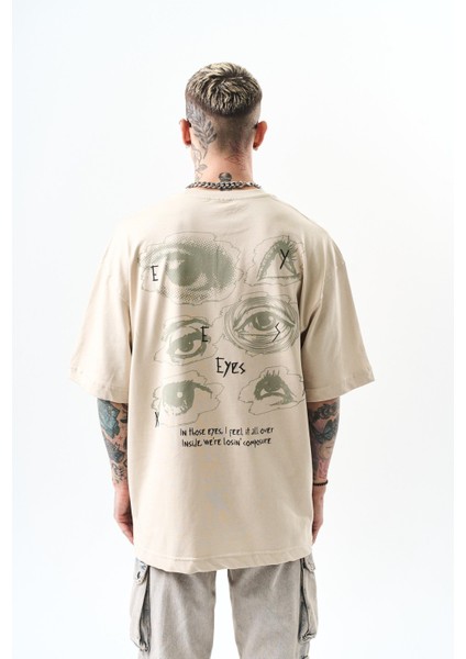 Erkek Eyes Baskılı Oversize T-Shirt Bej modelleri