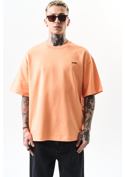 Erkek Respire Yazı Detaylı Oversize T-Shirt Şeftali