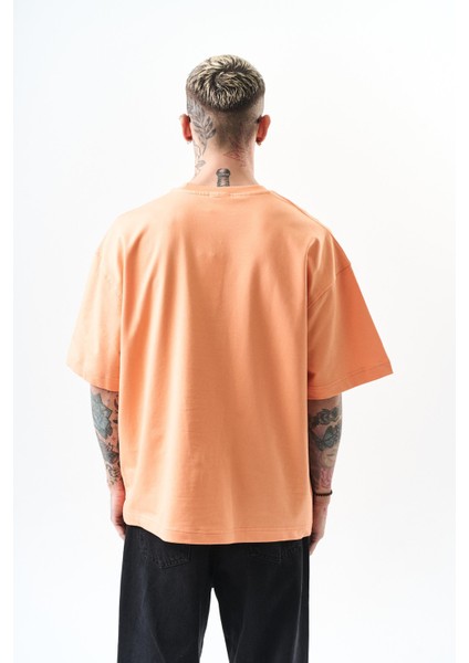 Erkek Respire Yazı Detaylı Oversize T-Shirt Şeftali modelleri