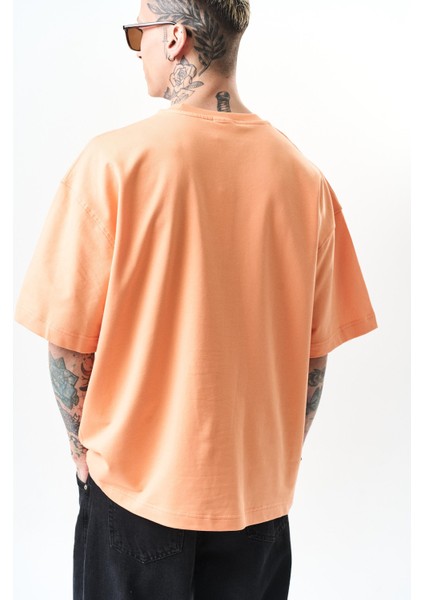 Erkek Respire Yazı Detaylı Oversize T-Shirt Şeftali indirimleri
