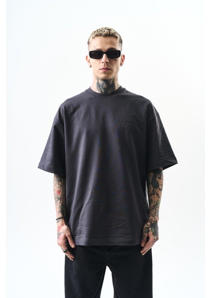 Erkek Respire Yazı Detaylı Oversize T-Shirt Füme