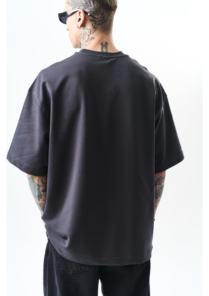 Erkek Respire Yazı Detaylı Oversize T-Shirt Füme indirimleri
