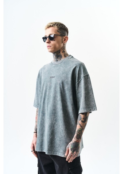 Erkek Snake Baskılı Yıkamalı Oversize T-Shirt Gri fiyatları