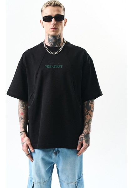 Erkek Greatest Nakışlı Oversize T-Shirt Siyah