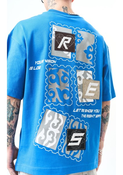 Erkek Low Vision Nakışlı Oversize T-Shirt Mavi fırsatları