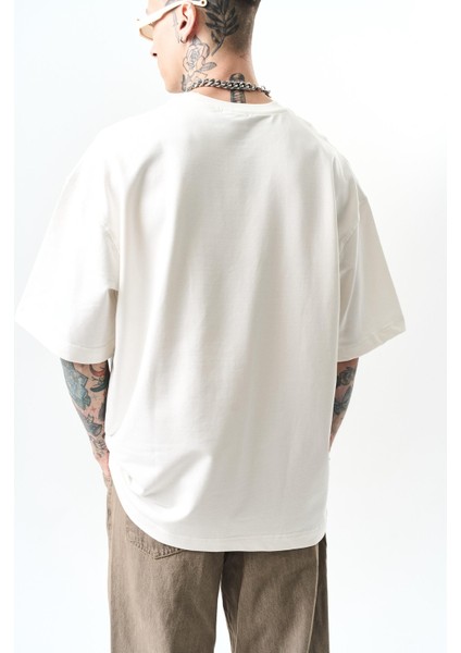 Erkek Respire Yazı Detaylı Oversize T-Shirt Ekru indirimleri