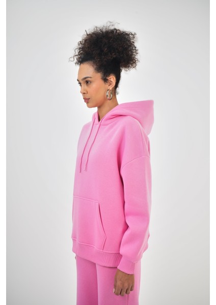 Kadın Basic Oversize Hoodie Pembe