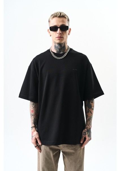 Erkek Respire Yazı Detaylı Oversize T-Shirt Siyah